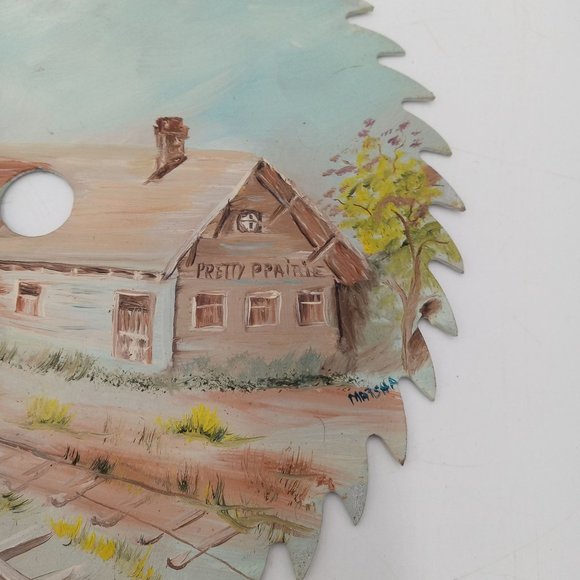 Pretty Prairie KS Hand Painted Saw Blade Folk Art Train Railroad Depot Signed - Picture 2 of 7